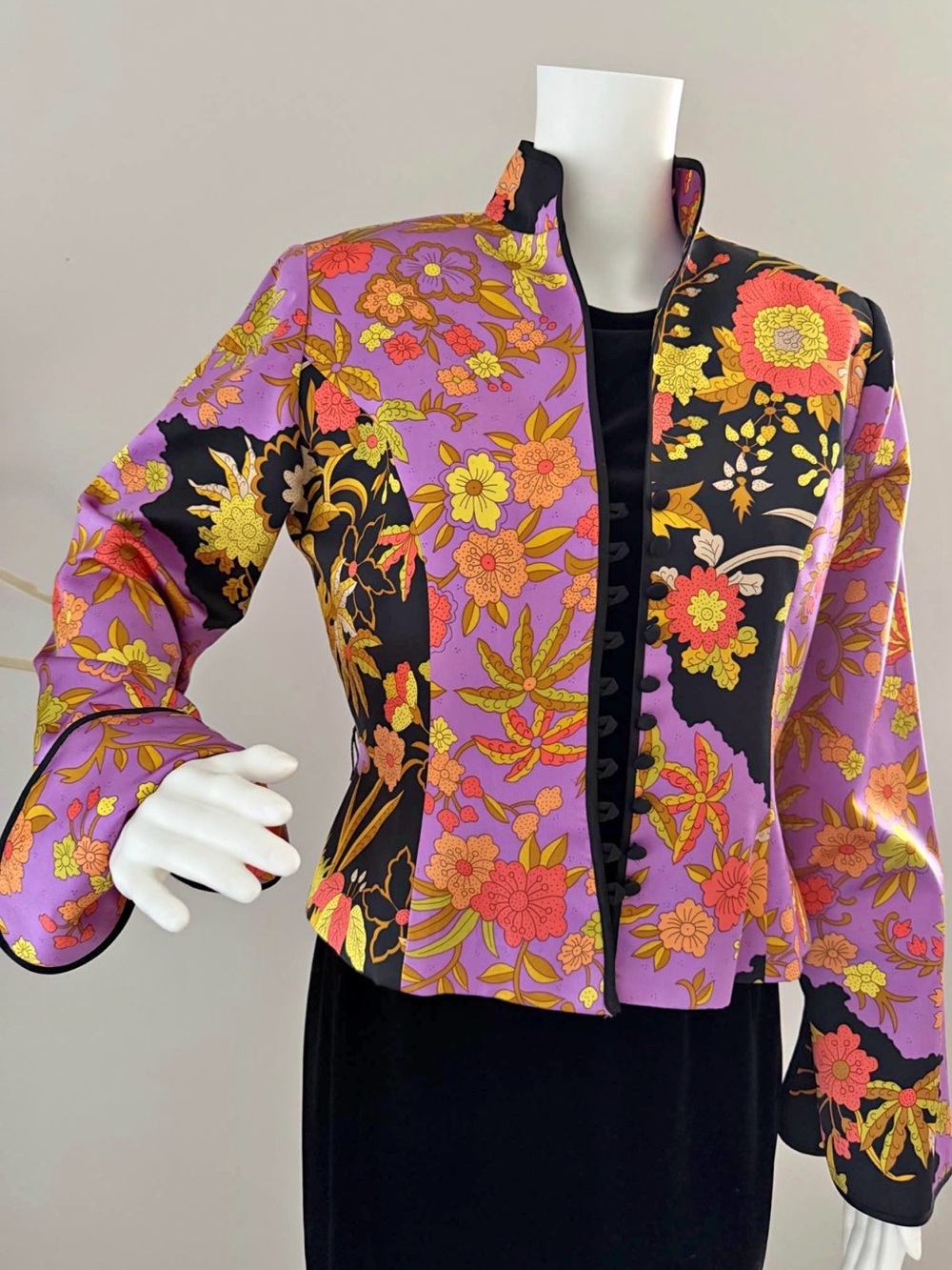 JS Collections Purple & Black Floral Stand-Collar Jacket